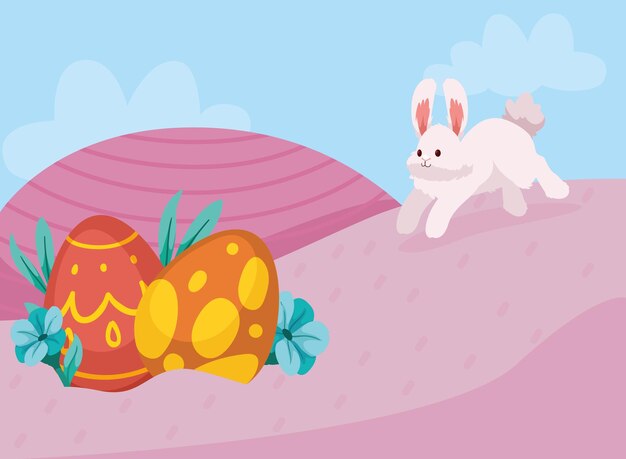 Lente-eieren met rennende konijnen