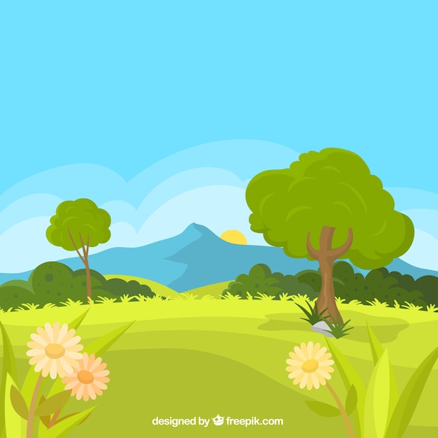 Gratis vector lente landschap achtergrond met weide en madeliefjes