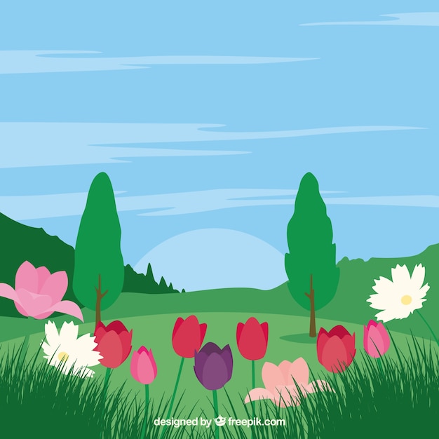 Gratis vector lente landschap met bloemen