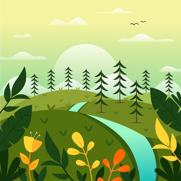 Gratis vector lente landschap met bomen en rivier