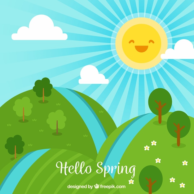 Gratis vector lente landschap met lachende zon