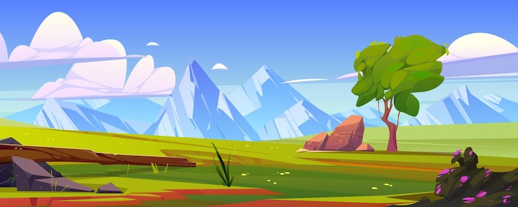Gratis Vector lente landschap van gazon op bergdal