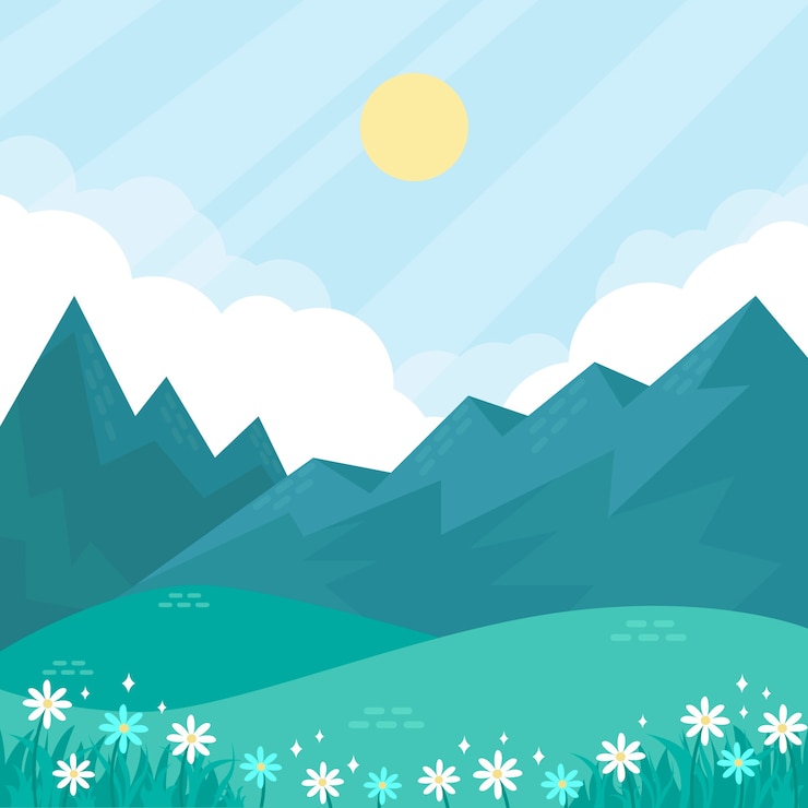 Gratis Vector lente natuurlijke landschap met bloemen en mistige bergen