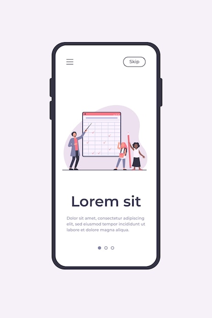 Leraar les uit te leggen aan leerlingen. schoolmeisjes, man met aanwijzer, matrix schoolbord platte vectorillustratie. onderwijs, school, studeren concept mobiele app-sjabloon