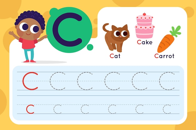 Gratis vector letter c-werkblad met kat en cake