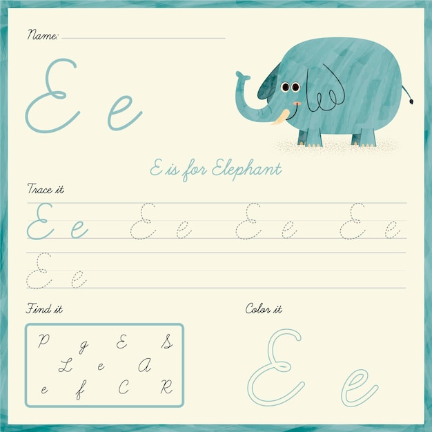 Gratis vector letter e-werkblad met illustratie van een olifant