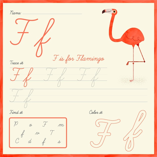 Gratis vector letter f-werkblad met flamingo