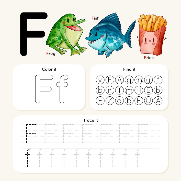 Gratis Vector letter f-werkblad met kikker, vis, frietjes