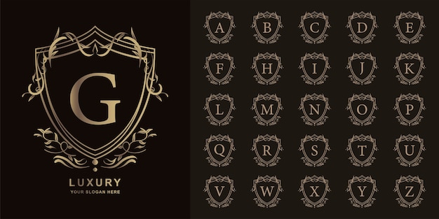 Letter g of collectie eerste alfabet met luxe sieraad bloemen frame gouden logo sjabloon. Premium Vector