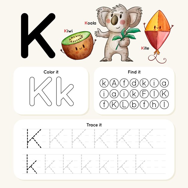 Letter k-werkblad met koala, kiwi, vlieger