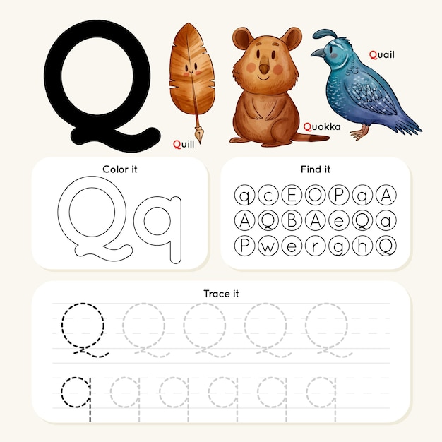 Gratis vector letter q-werkblad met ganzenveer en dieren