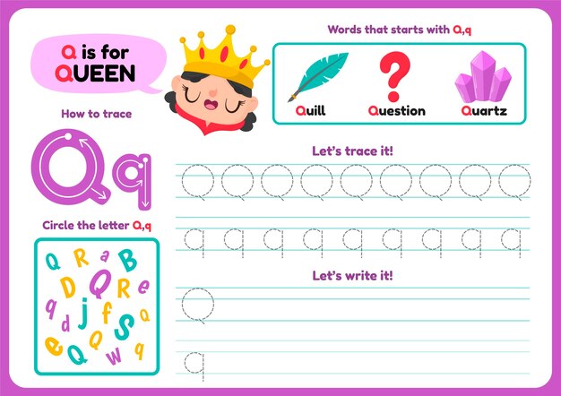 Letter q-werkblad met items en koningin