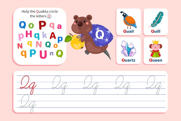 Letter q-werkblad met quokka