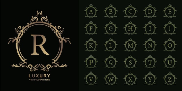 Letter r of collectie eerste alfabet met luxe sieraad bloemen frame gouden logo sjabloon.