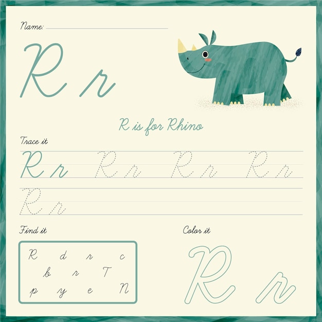 Gratis vector letter r werkblad met neushoorn