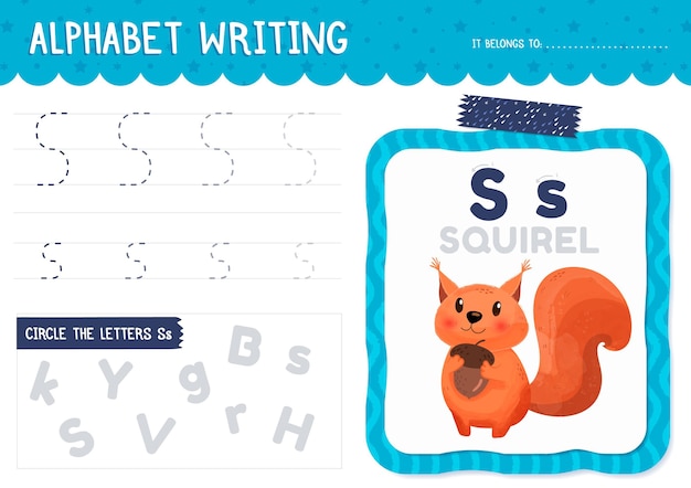 Letter s werkblad met squirel