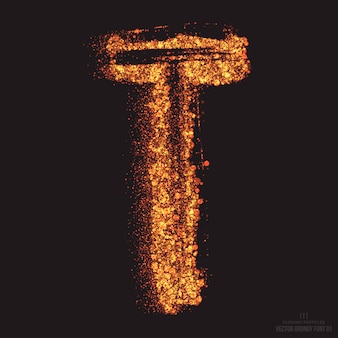 Letter t fire burning teksteffect lettertype ontwerpelement op zwarte achtergrond. helder gouden glinsterende deeltjes vlam gloeiend symbool