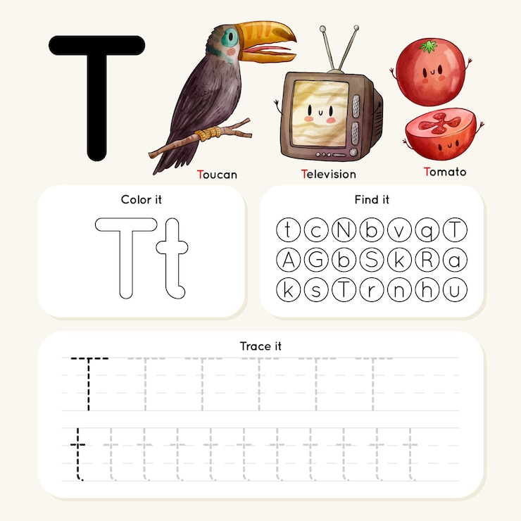 Gratis Vector letter t-werkblad met toekan, televisie, tomaat