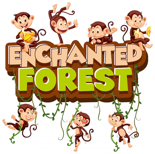 Gratis vector lettertype voor woord betoverd bos met spelende apen
