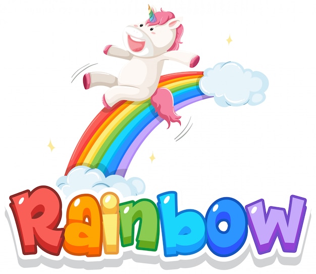 Gratis vector lettertypeontwerp voor woordregenboog met regenboog op de hemelachtergrond