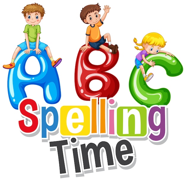 Gratis vector lettertypeontwerp voor woordspellingstijd met gelukkige kinderen en abc