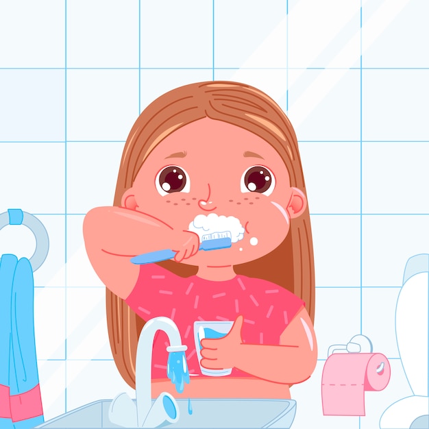 Gratis vector leuk babymeisje die haar tanden in de ochtend borstelen. dagelijkse routine. mondhygiëne.