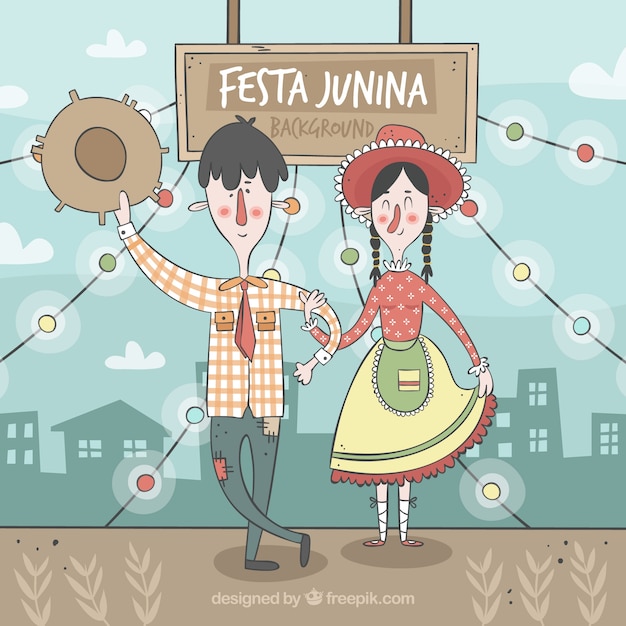 Leuk cartoon paar met traditionele festa junina kleding