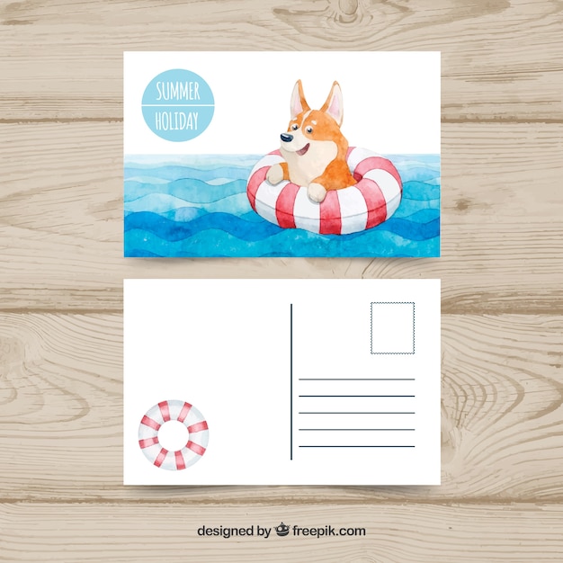 Gratis vector leuk de zomerbriefkaart in waterverfstijl met hond