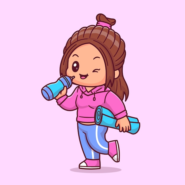 Gratis vector leuk fitnessmeisje met fles en matras cartoon vector icon illustratie mensen sport geïsoleerd