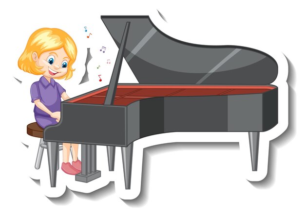 Gratis vector leuk meisje dat piano speelt stripfiguur sticker