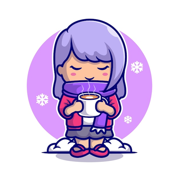 Gratis vector leuk meisje drink warme koffie in sneeuw cartoon pictogram illustratie.