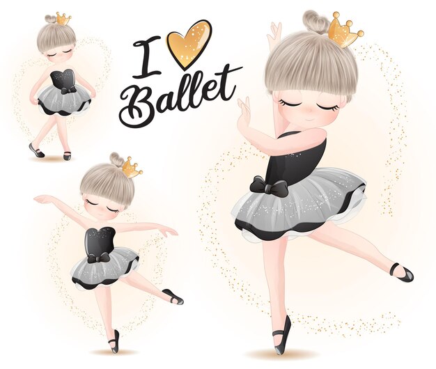 Leuk meisje met ballerina aquarel illustratie set