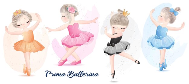 Leuk meisje met ballerina aquarel illustratie set