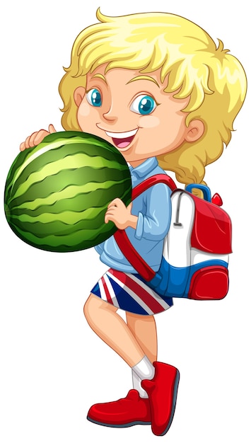 Leuk meisje met blond haar dat een watermeloen in staande positie houdt