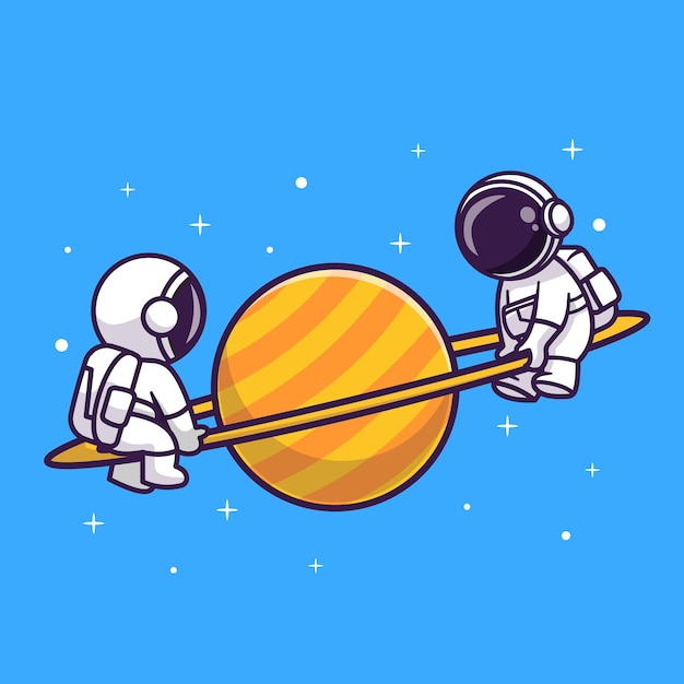 Leuk paar astronaut spelen wip planeet in ruimte cartoon vector pictogram illustratie. wetenschapstechnologie