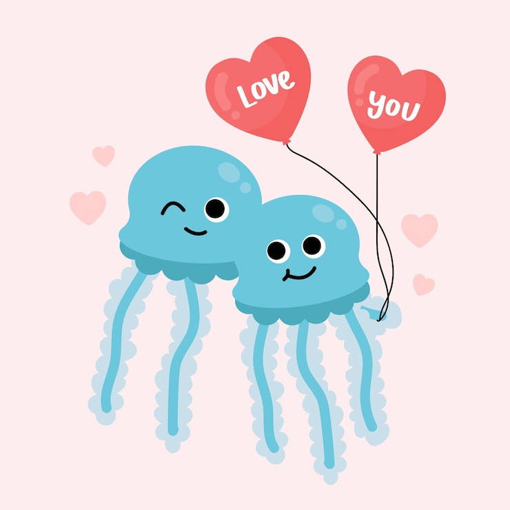 Gratis Vector leuk paar kwallen met ballonnen in hartvorm en de tekst hou van je