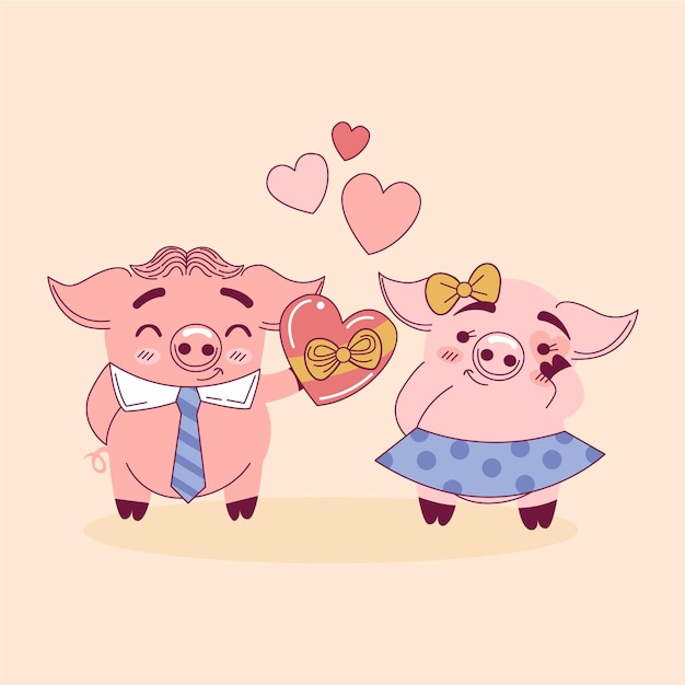 Gratis vector leuk valentijnsdag dierlijk paar met varkens