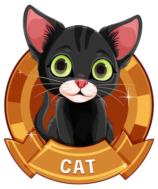 Gratis vector leuk zwart kitten met gouden badge.