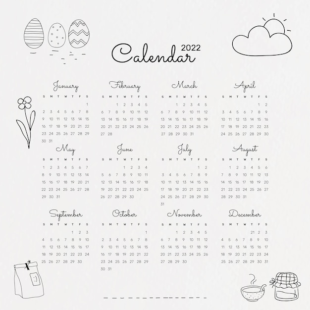 Leuke 2022 maandelijkse kalendersjabloon, minimale doodle illustratie vector
