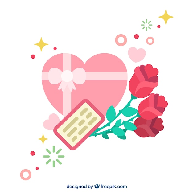 Gratis vector leuke achtergrond met rozen en doos met hart-vormige