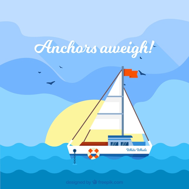 Gratis vector leuke achtergrond van platte boot in de zee