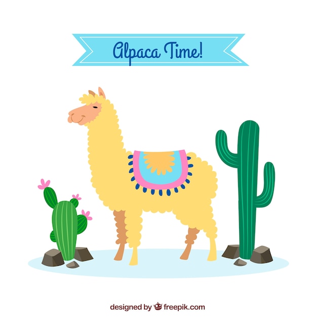 Gratis vector leuke alpaca achtergrond met cactus