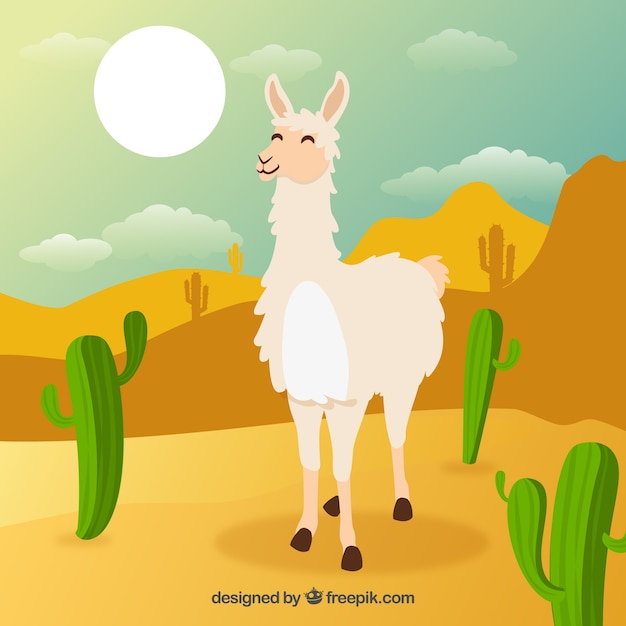 Gratis vector leuke alpaca achtergrond met cactus