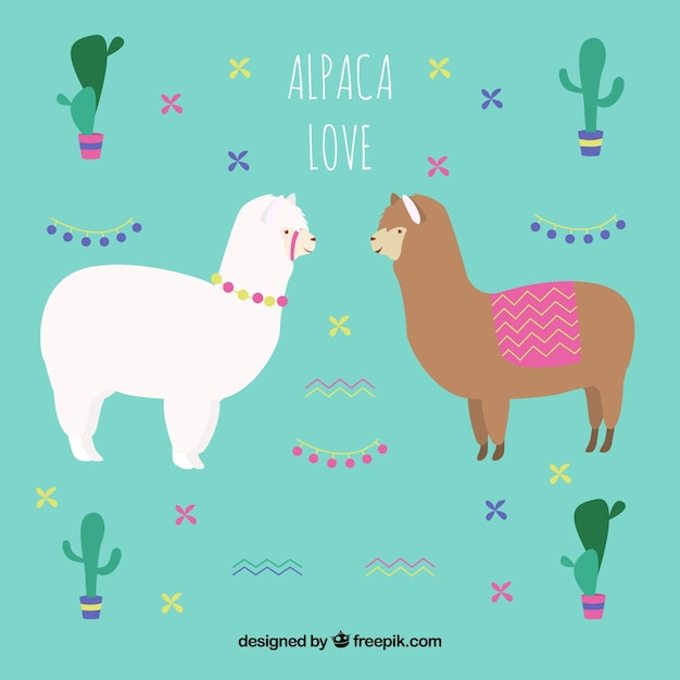 Gratis vector leuke alpacasachtergrond met cactus