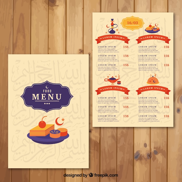 Gratis vector leuke arabische menu sjabloon met gerechten