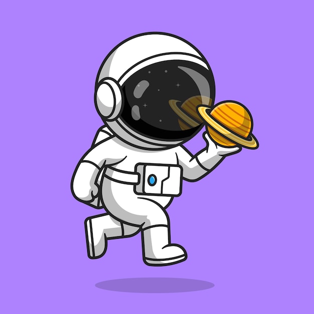 Leuke Astronaut Bedrijf Planeet Cartoon Vector Pictogram Illustratie. Wetenschap technologie pictogram Concept geïsoleerd Premium Vector. Platte cartoonstijl