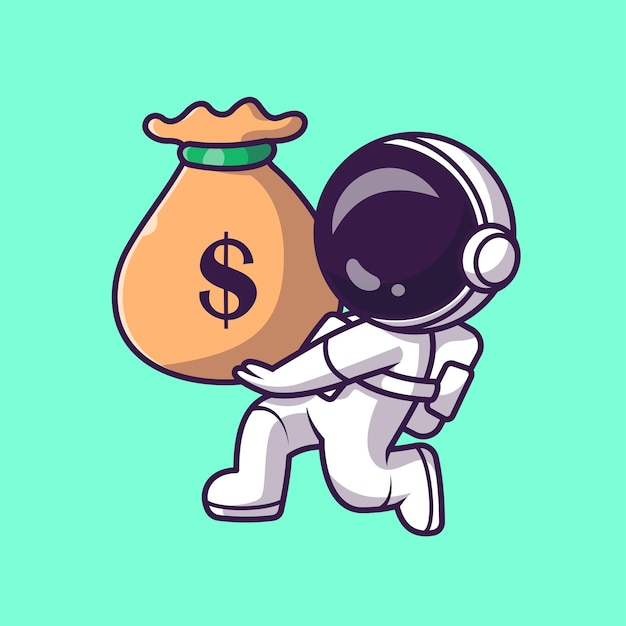 Gratis vector leuke astronaut brengen geld zak cartoon vector icon illustratie zakelijke financiën pictogram geïsoleerd plat