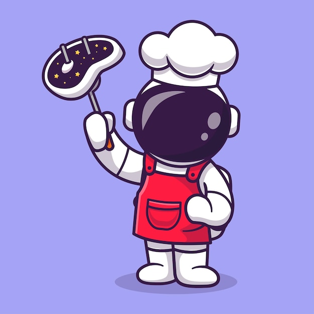 Leuke Astronaut Chef Met Gegrild Vlees Cartoon Vector Pictogram Illustratie. Wetenschap Voedsel Pictogram Concept Geïsoleerde Premium Vector. Platte cartoonstijl