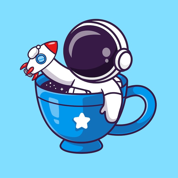 Gratis vector leuke astronaut die een raket vasthoudt in koffie ruimte cartoon vector icon illustratie wetenschap drink isoleerd