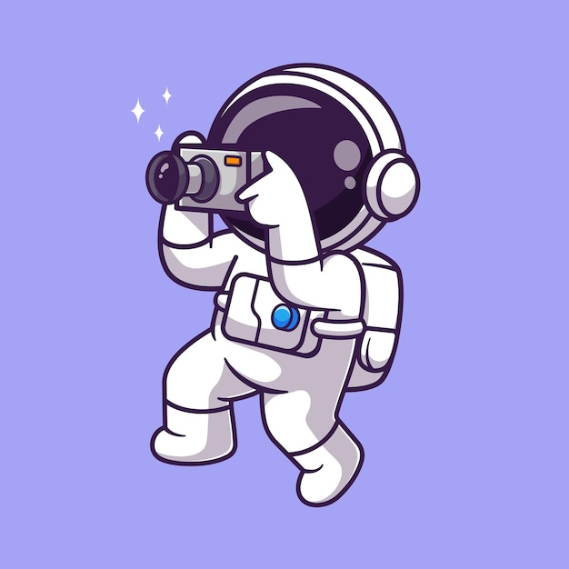 Gratis vector leuke astronaut die foto met camera in ruimte cartoon vector pictogram illustratie maakt. wetenschap techno